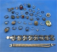 Large Lot of Costume Jewelry Rings & 2 Bracelets