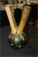 Green and Tan Pottery Double Neck Vase