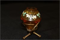 Amber Glass Inkwell with Hand Painted Flowers