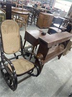 2 wooden benches and bentwood rocker chair