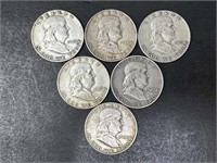 Six Franklin Half Dollars