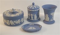 WEDGWOOD BLUE JASPERWARE TRINKET BOXES, PLATE,VASE