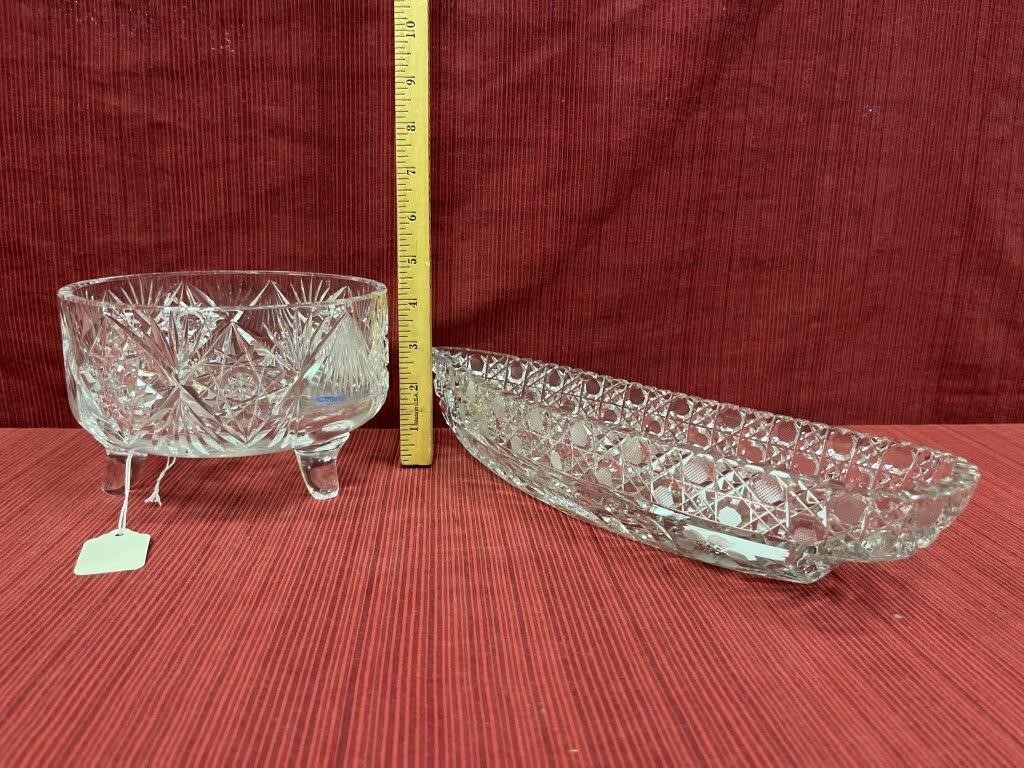 2 heavy cut glass, 1 canoe shape 13”, 1 footed