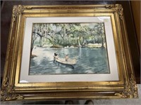 Signed Watercolor Canoe on Water