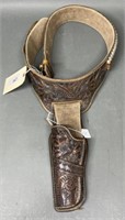 Nice Hand Tooled Brown Leather Gun Belt & Holster