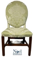 Antique Wooden Chair W/ Green Damask Upholstery