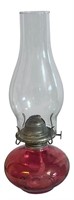 Red Glass Oil Lamp w/Clear Chimney