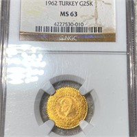1962 Turkey Gold 25 Kronor NGC - MS63