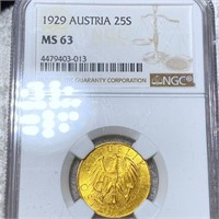 1929 Austria Gold 25 Shilling NGC - MS63