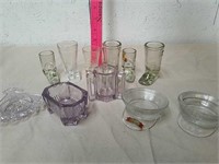 Group of boot shot glasses with vintage glassware