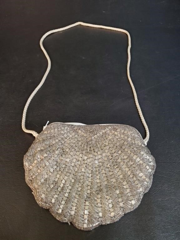 Silver beaded Vintage Shell Shaped Purse