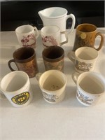 Coffee mugs, milk glass pitcher