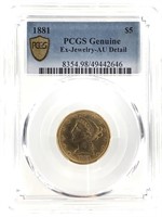 1881 $5 Gold Half Eagle PCGS AU Detail ex-jewelry