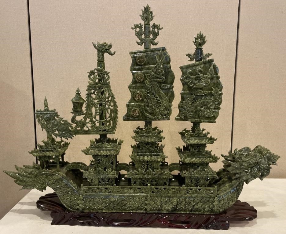 Chinese Hand Carved Green Jade Dragon Palace Boat