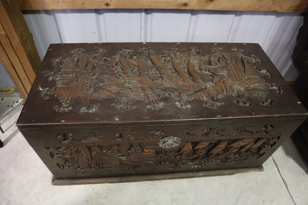 Asian Chinese camphor chest with carved sailing