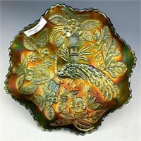 Fenton Green Peaock & Urn Ruffled Bowl