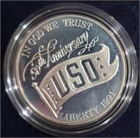 1991 USO Proof Silver Dollar In United States
