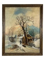 Vintage Oil on Board Winter Scene