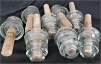8 CLEAR GLASS INSULATORS W/WOOD PEGS*HEMINGRAY