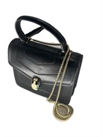 Black Smooth Leather Snakehead Top Handle Bag