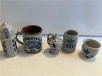 5 piece set blue decorated stoneware pottery