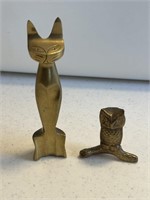 2- solid  brass bronze owl and cat figurine
