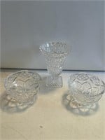3- crystal pressed glass vase (7”)  and bowls 3”