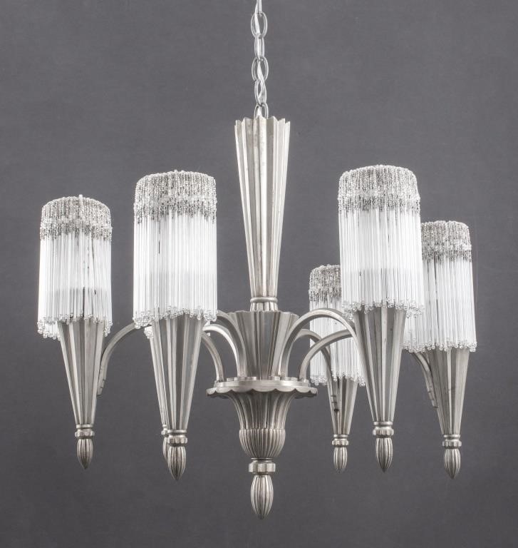 Art Deco Silvered Bronze 6-Arm Chandelier