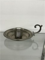 Pewter Candle Holder w Finger Hold Dish Marked JTS
