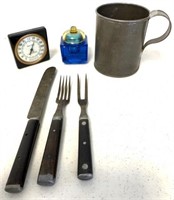 Lot Tin Cup/Utensils/ Thermometer/ Inkwell