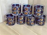 Mid-Century Greek Key Gold Blue & Magenta Glasses