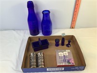 Blue Glass Dressing Jar, Milk Jar, S&P Set & Misc