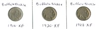 3 XF Buffalo Nickels - 1916, 1920 & 1923 (Grading