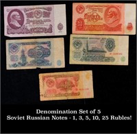 Denomination Set of 5 Soviet Russian Notes - 1, 3,