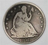 1858 Seated Liberty half Dollar VF-XF Grade