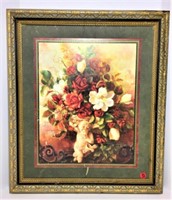 Flowers & Cherub Print on Board in Ornate