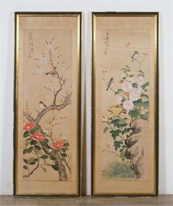 Pair of Chinese Paintings on Silk Birds & Flowers