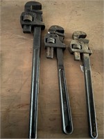 3 VINTAGE PIPE WRENCHES 24", 18", 18"