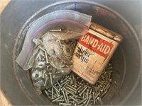 Coffee tin of screws, bolts and nuts