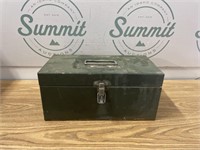 Metal 13x7x7 inch tool box with contents
