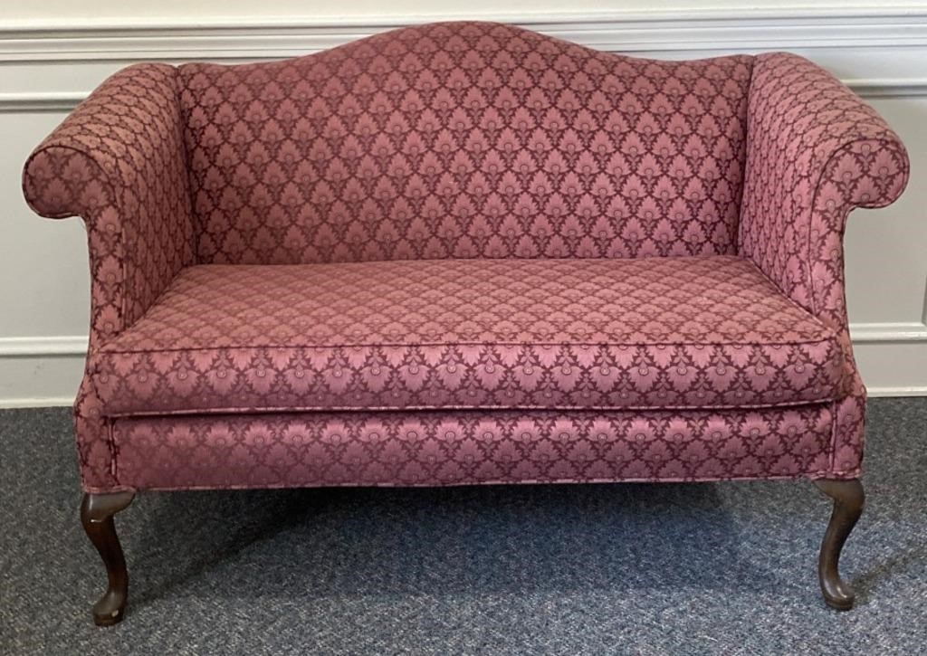 60”x Burgundy Upholstered Queen Anne Style Love
