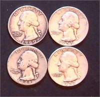 (4) Washington Silver Quarters, Vars. Yrs/Mints