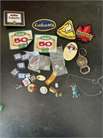 Assorted lot of pins, belt buckel, patches & more