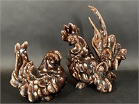 Pottery Rooster Sculpture Pair