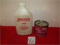 MAYTAG ADV. GREASE TIN, PLASTIC MAYCOROIL BOTTLE