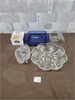 Blue Pyrex dish, clear dishes, crystal dishes