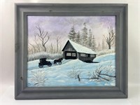 Original Painting on Canvas Covered Bridge Winter