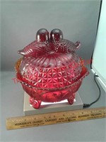 Red amberina lovebird covered glass candy dish