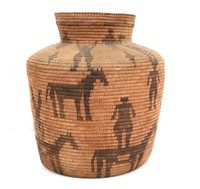 Antique Pima Olla basket with Horses and Figures
