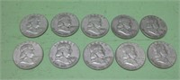 Ten Ben Franklin Silver Half Dollars - 90% Silver